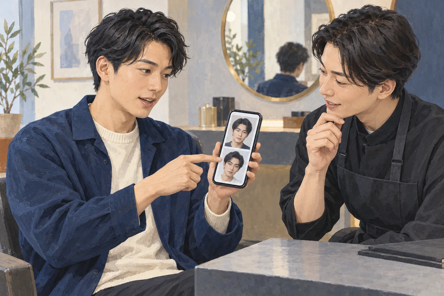 スマートフォンの参考写真を見ながら眉の希望を相談する様子